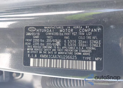 2019 Hyundai Kona Se from USA, damaged, VIN KM8K1CAA7KU296625